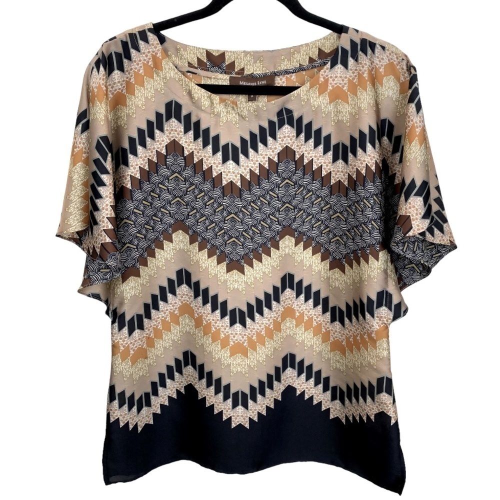 Melanie Lyne Boho Geometric Flutter Sleeve Multicolor Blouse Top sz 2